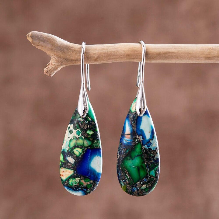 Gold plated teardrop earrings for women, featuring natural grounding stones. Handmade elegant spiritual jewelry.