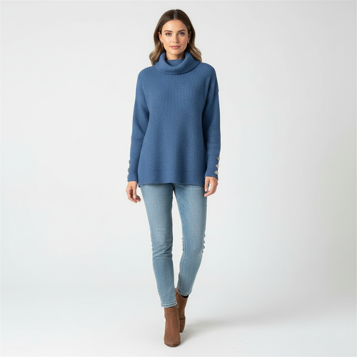 Soft cotton blend women's turtleneck sweater with unique buttoned cuffs, great for everyday elegance
