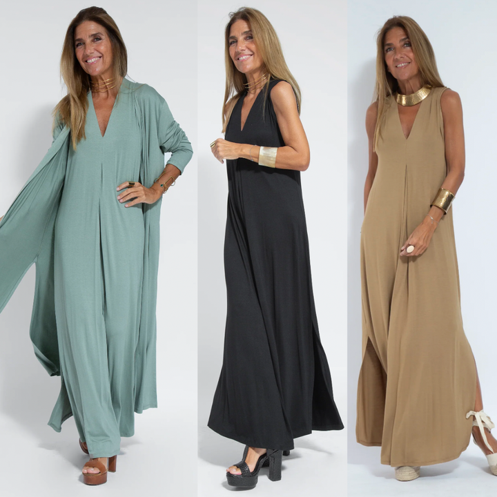 Flattering women's slimming dress & tailored vest set. A chic two-piece ensemble for modern women's fashion.