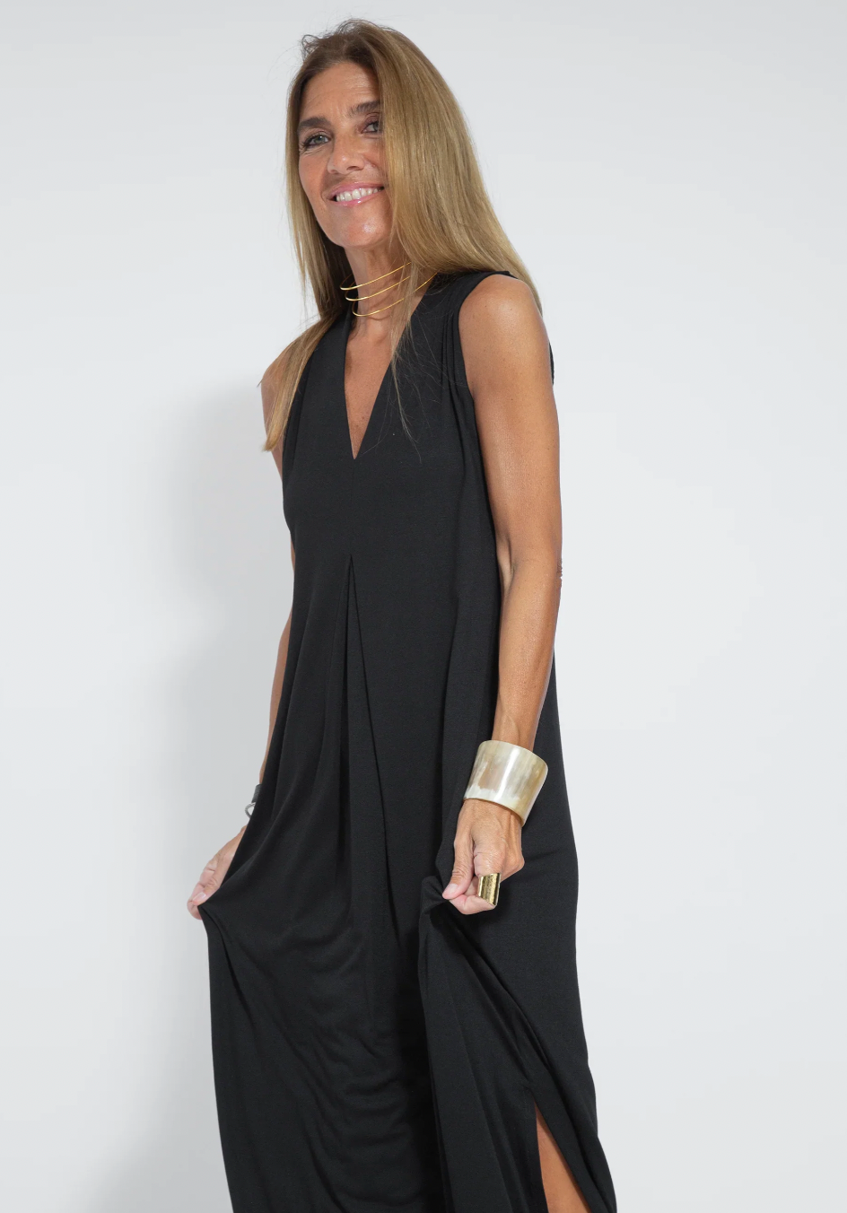 Versatile ankle-length women's two-piece dress with tailored vest. An elegant, comfortable wardrobe essential.