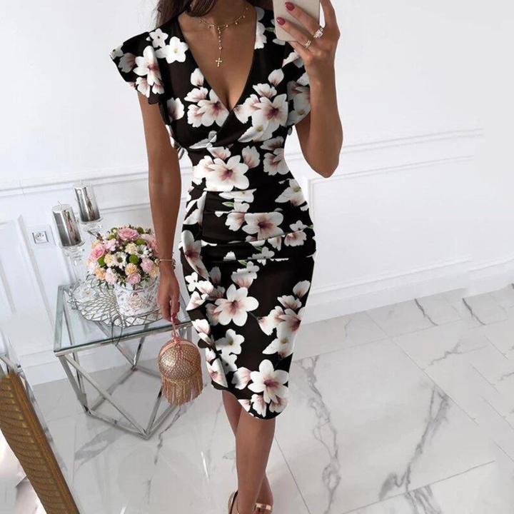 Elegant women's V-neck dress with stylish flared sleeves, perfect for summer parties or special occasions.