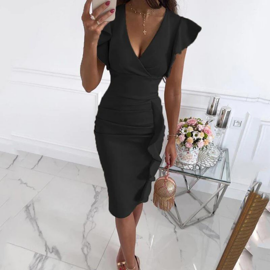 Women's sophisticated V-neck dress with playful flared sleeves, a must-have for versatile fashion.