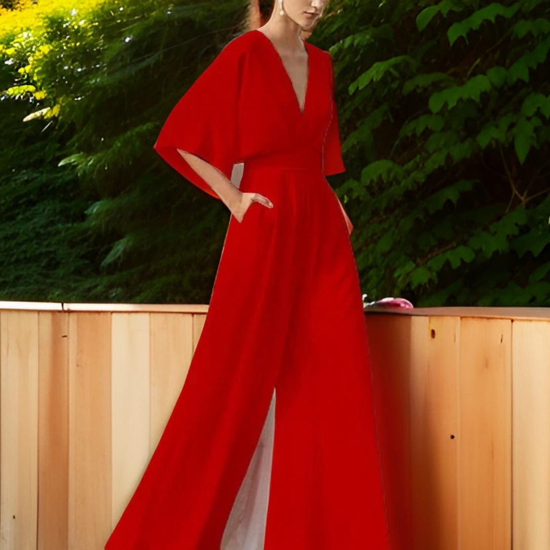 Chic women's V-neck jumpsuit featuring stylish three-quarter sleeves, ideal for modern fashion trends.