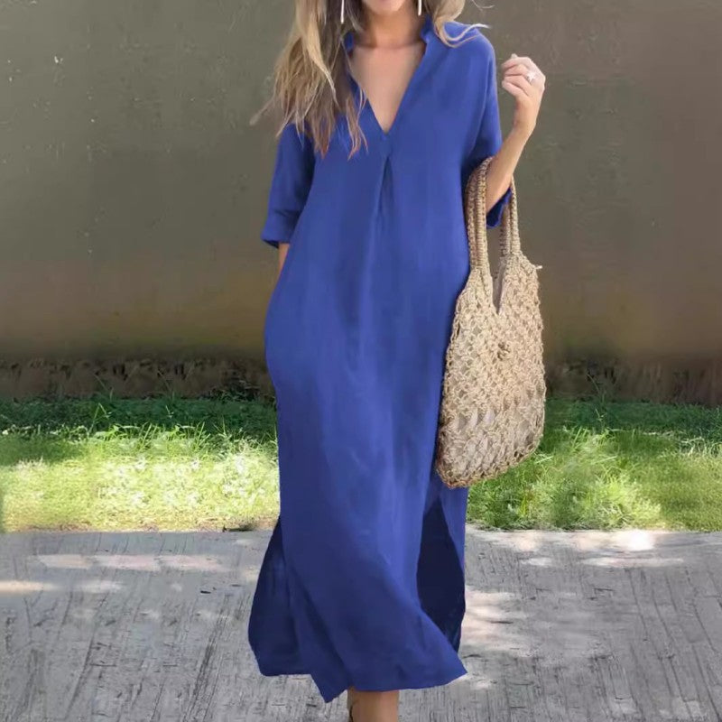 Flowy V-neck sleeveless maxi dress for women, featuring a comfortable design and chic thigh slit, ideal for summer.