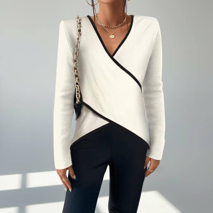 Women's elegant navy V-neck wrap sweater, made from comfortable viscose-polyester blend