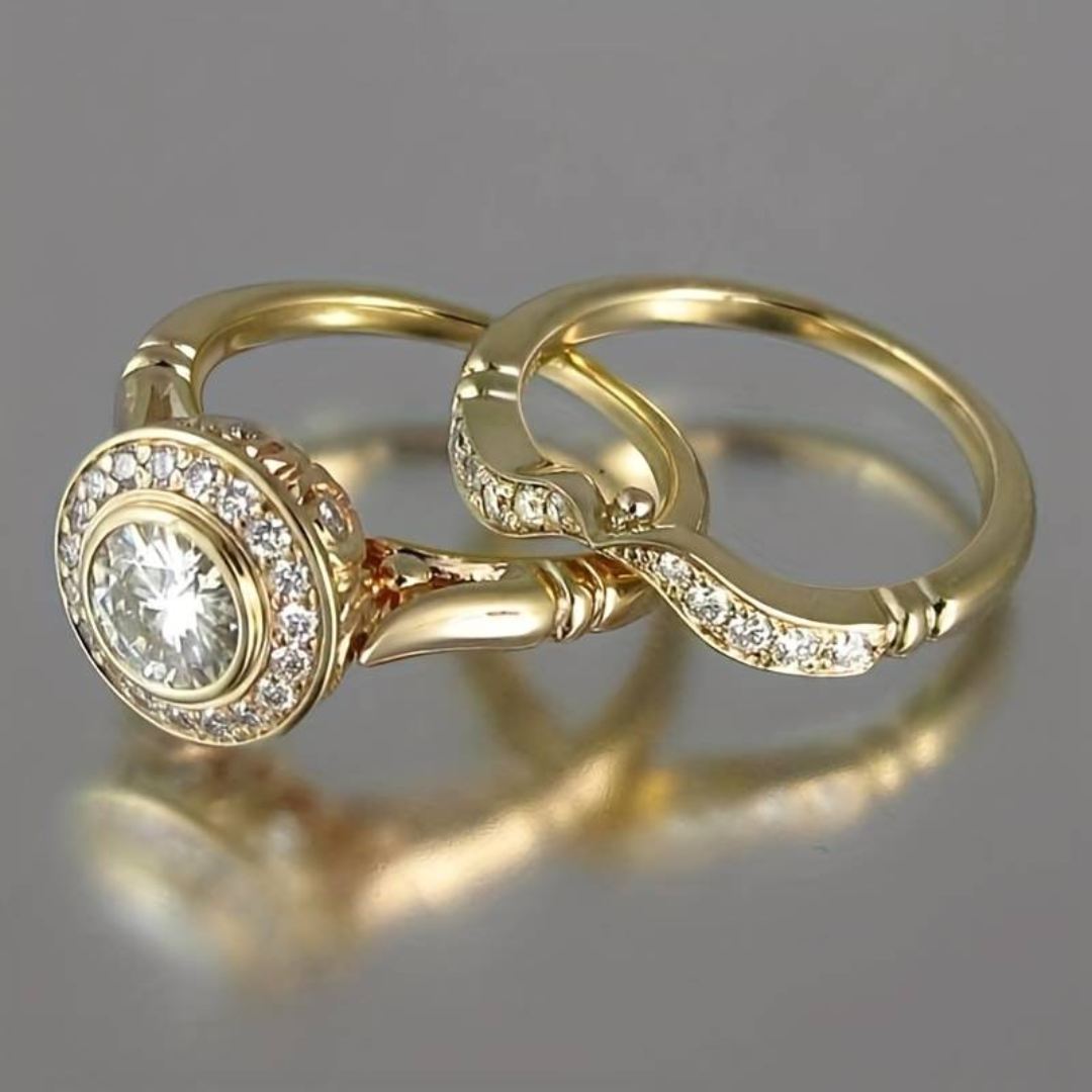 Elegant women's vintage gold ring set with sparkling zirconia, perfect for timeless fashion jewelry. Durable gift.