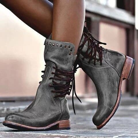 Stylish women's mid-calf boots, featuring a timeless vintage design for fall & winter outfits.