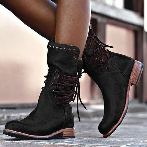 Comfortable women's dress mid-calf boots with a vintage flair, ideal for elegant casual & winter style.