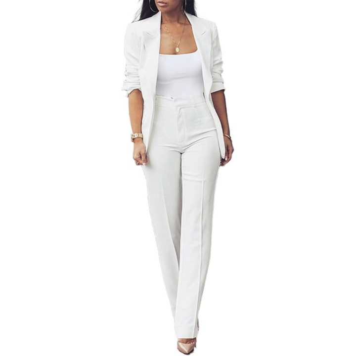 Professional women's suit with a classic blazer and complementing trousers, suitable for office wear