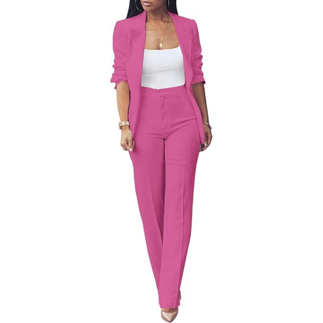 Full-body view of a model wearing the white women's blazer and trouser set, exuding business elegance