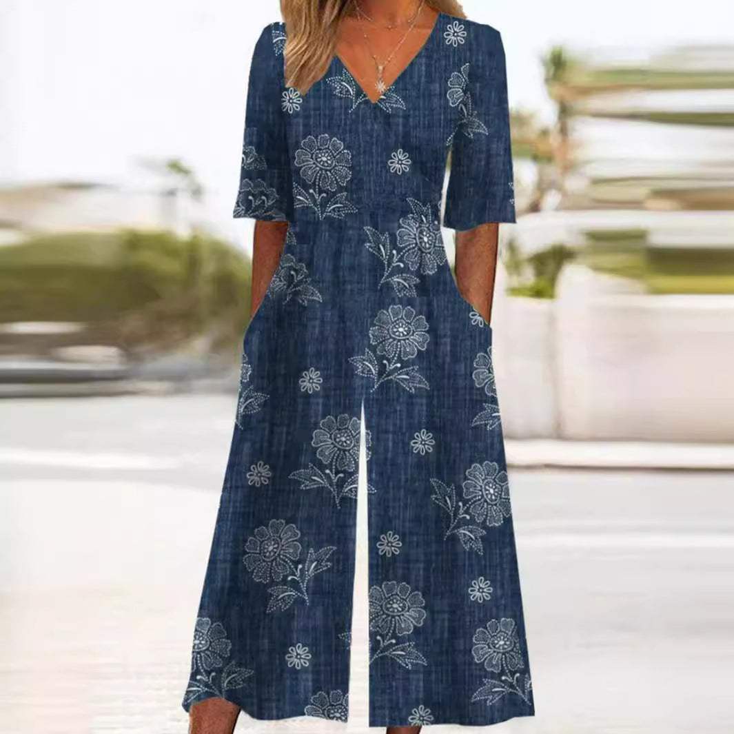Elegant women's wide leg jumpsuit. Comfortable, relaxed fit one-piece, perfect for chic summer and spring fashion.