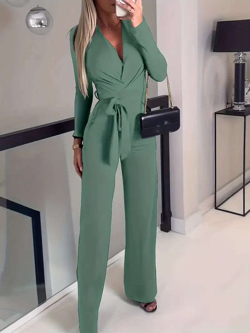 Elegant women's wide-leg V-neck jumpsuit with a stylish belt, perfect for versatile fashion.