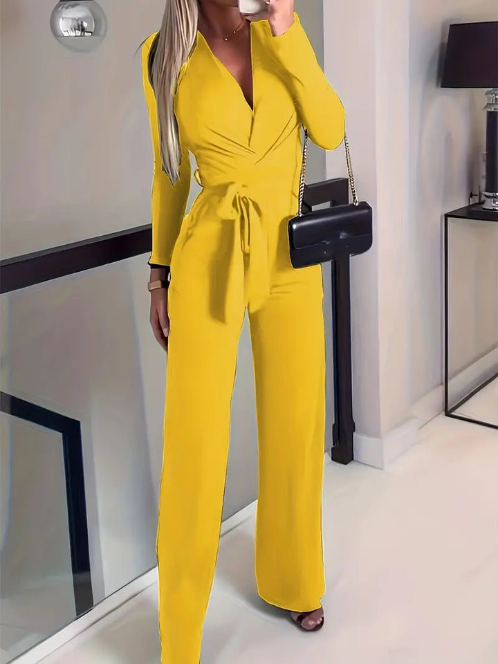 Stylish women's elegant wide-leg V-neck jumpsuit with belt, perfect for evening wear & comfort.