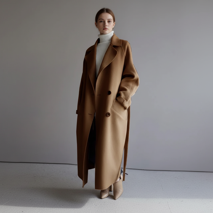 Women's elegant autumn/winter coat: long, double-breasted, and made from a premium wool blend
