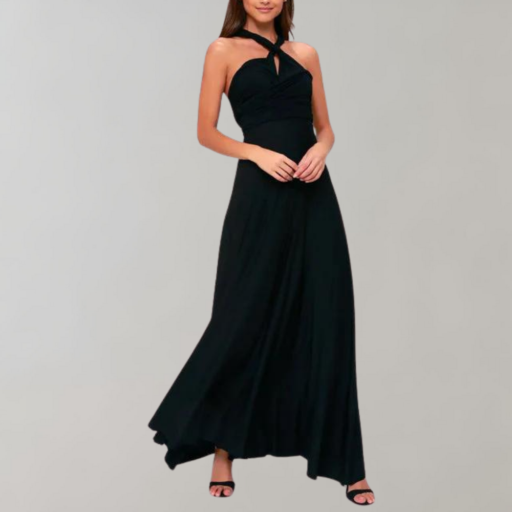 Stylish women's long wrap dress, elegant and versatile. Great as a party, formal, or casual dress.