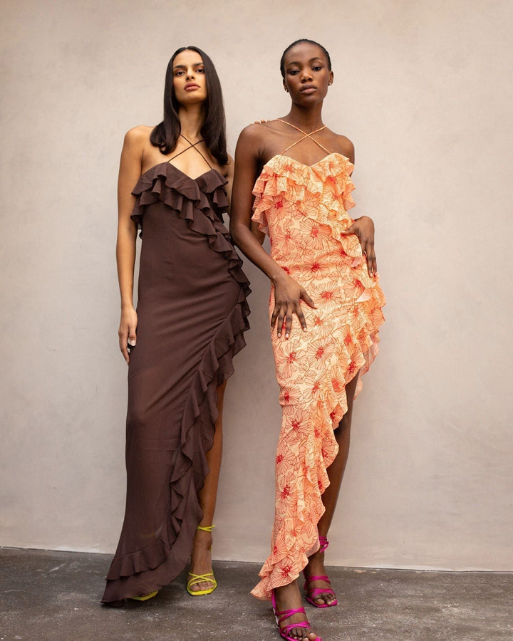 Elenna women's floral chiffon maxi dress with ruffles, elegant summer evening wear