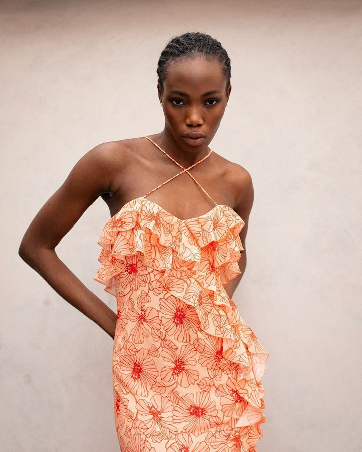 Stylish women's summer dress: floral chiffon maxi with elegant ruffles and flowy fit