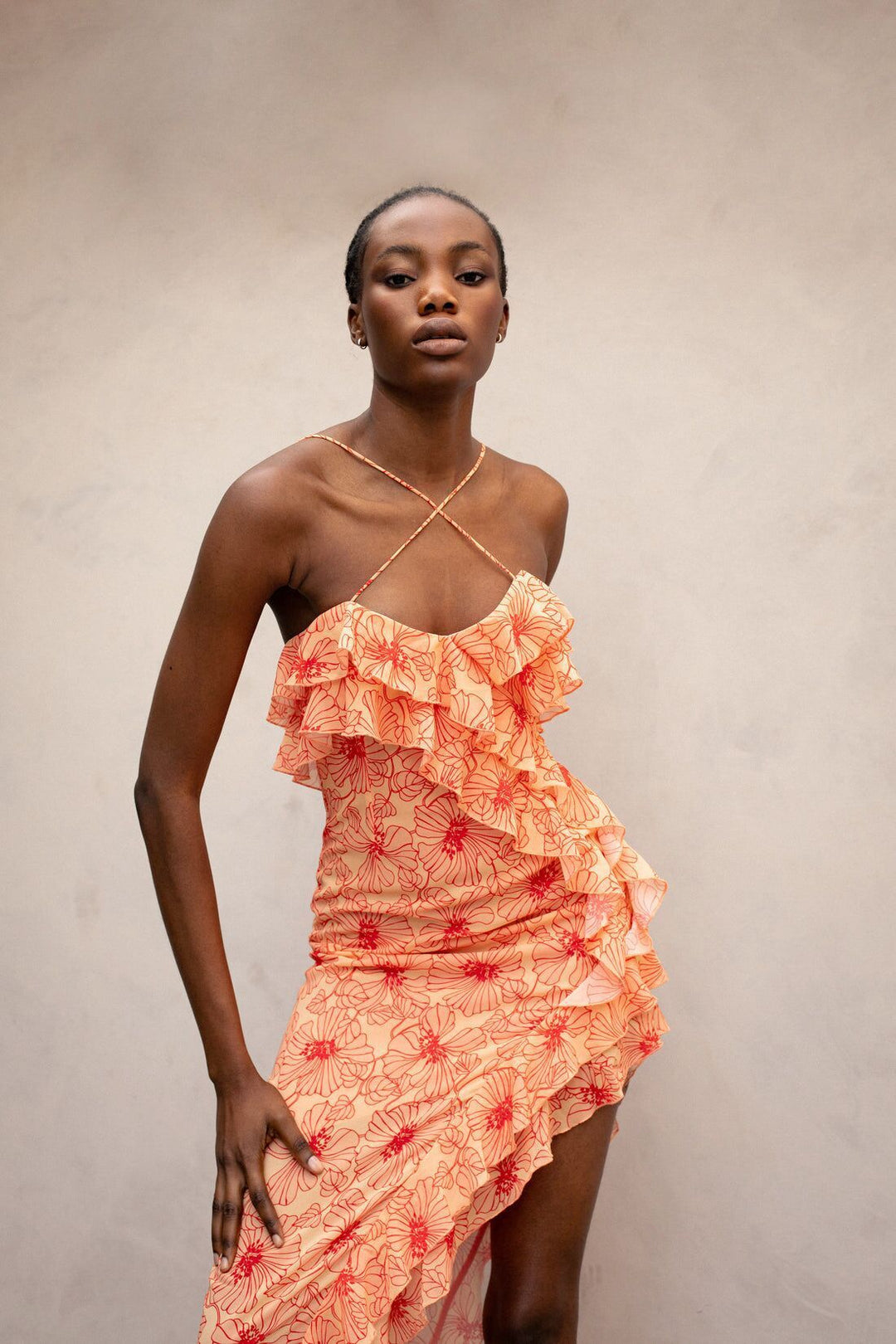 Floral print sleeveless chiffon maxi dress with a sophisticated crisscross neckline