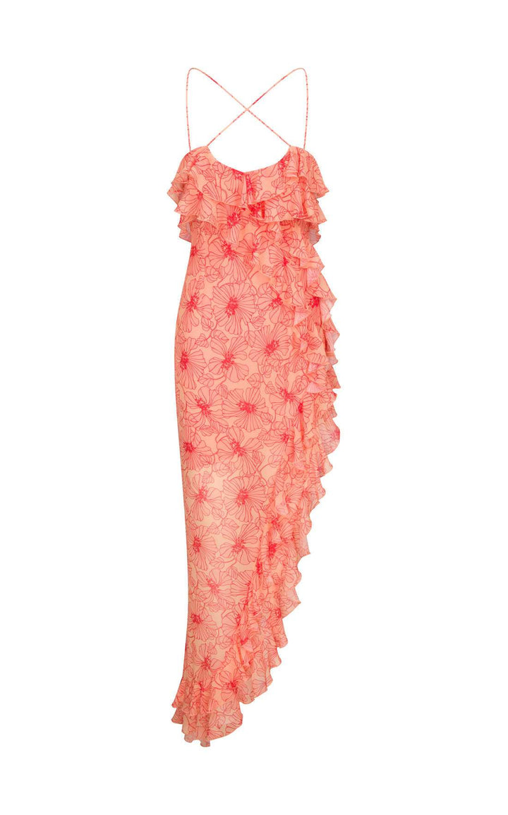 Elegant women's floral chiffon maxi dress, ruffled and flowy, ideal for special occasions