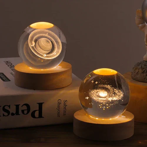 StarLight LED lamp, crystal globe with 3D engraved stars, solid wood base, night light