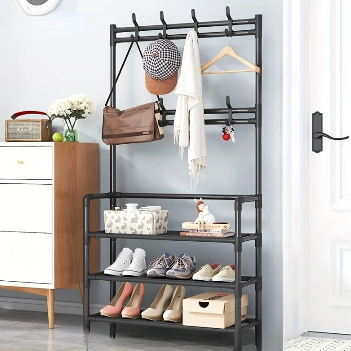 Modern multi-layer steel coat rack with shoe storage, perfect for hallway furniture
