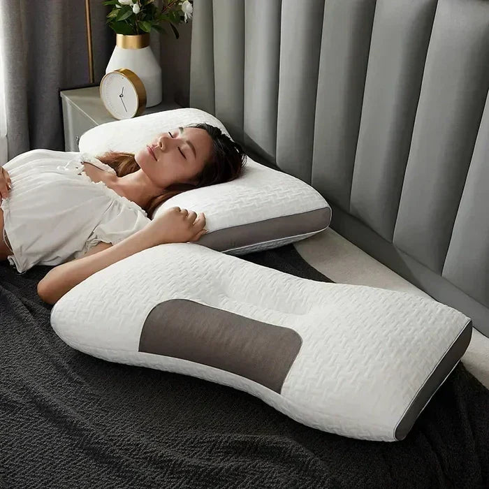 ErgoRelax massage pillow for neck and shoulder tension relief, promoting sleep comfort.