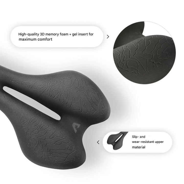 Plush memory foam ergonomic bike saddle for unisex cyclists, ensuring comfort on road, mountain, and e-bikes.
