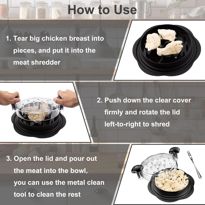 ErgoShredder ergonomic tool in use, creating perfectly shredded chicken for sandwiches