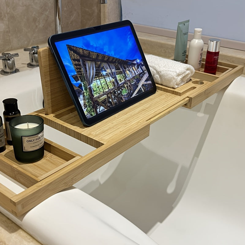 Unisex extendable bamboo bathtub caddy, a versatile natural wood bath shelf for books, devices, and toiletries