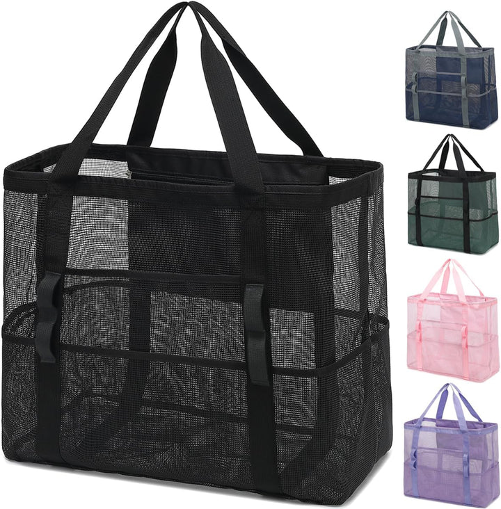 Large clear mesh beach bag with ample storage, great for summer vacations