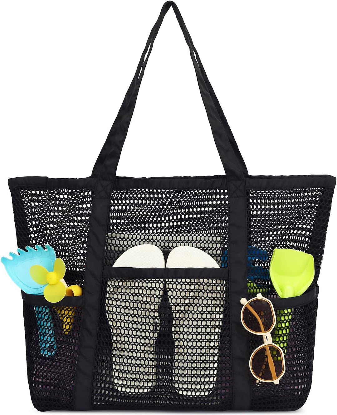 Extra large clear mesh pool tote, designed to quickly drain water