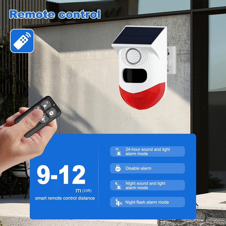 Waterproof solar alarm with motion sensor and bright LED strobe for effective outdoor security.