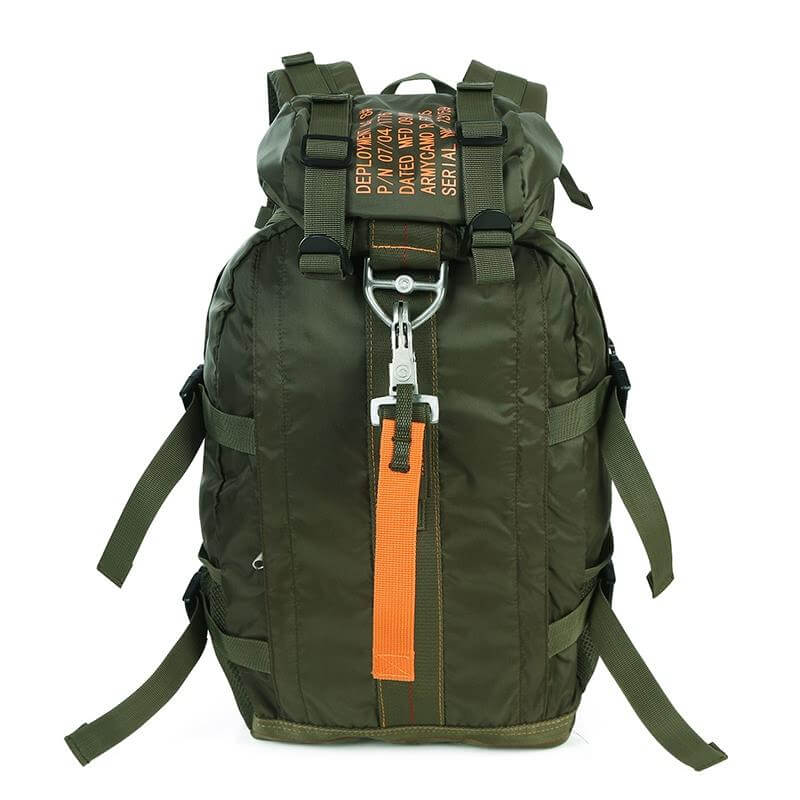 Close-up of water-resistant tactical backpack showing durable nylon fabric and secure zippers