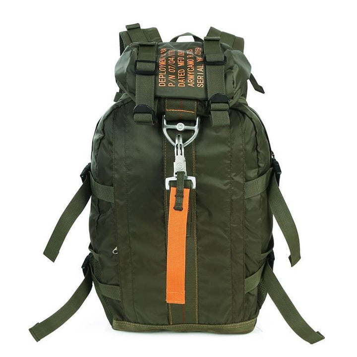 Close-up of water-resistant tactical backpack showing durable nylon fabric and secure zippers
