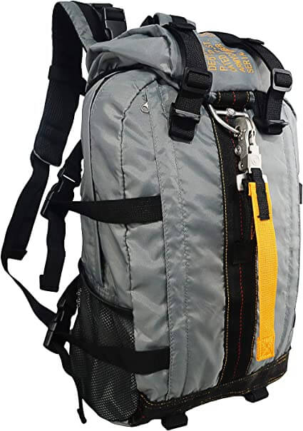 FieldGear Water-Resistant Tactical Backpack with model, demonstrating comfortable fit for hiking