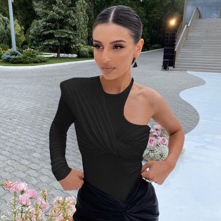 Stylish women's long-sleeve bodysuit. Features a flattering drape and fitted, figure-hugging silhouette.