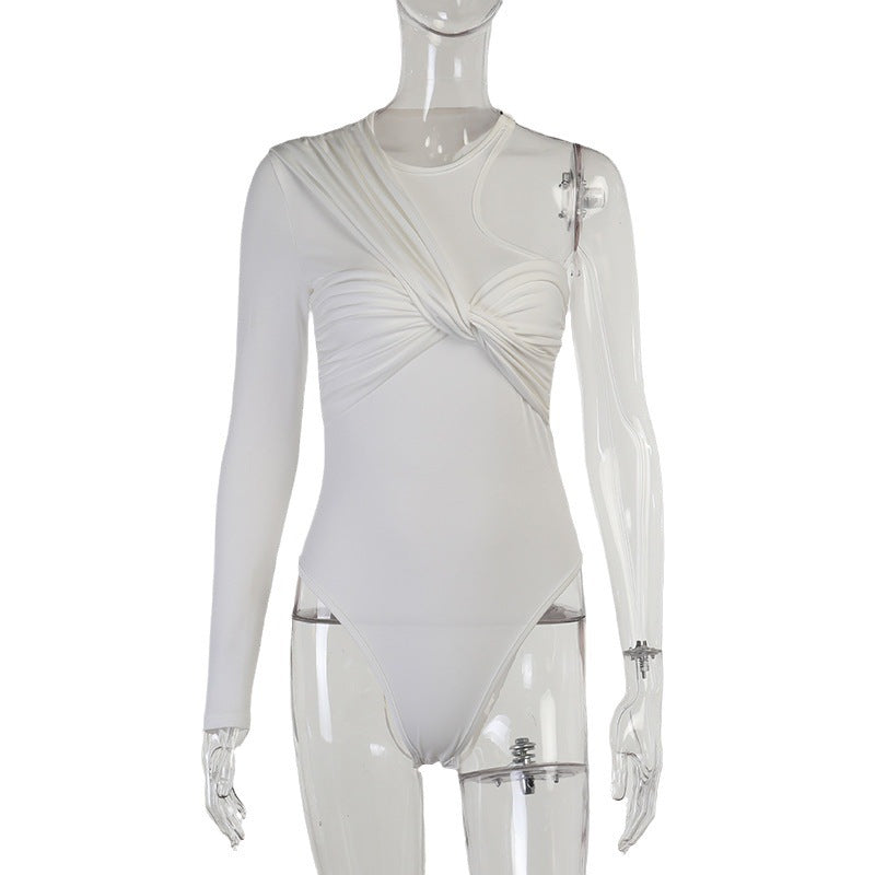 Women's fitted long-sleeve bodysuit, offering a smooth, figure-hugging look with a stylish drape detail.