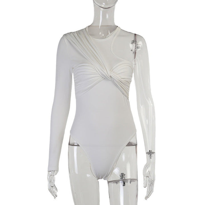 Women's fitted long-sleeve bodysuit, offering a smooth, figure-hugging look with a stylish drape detail.