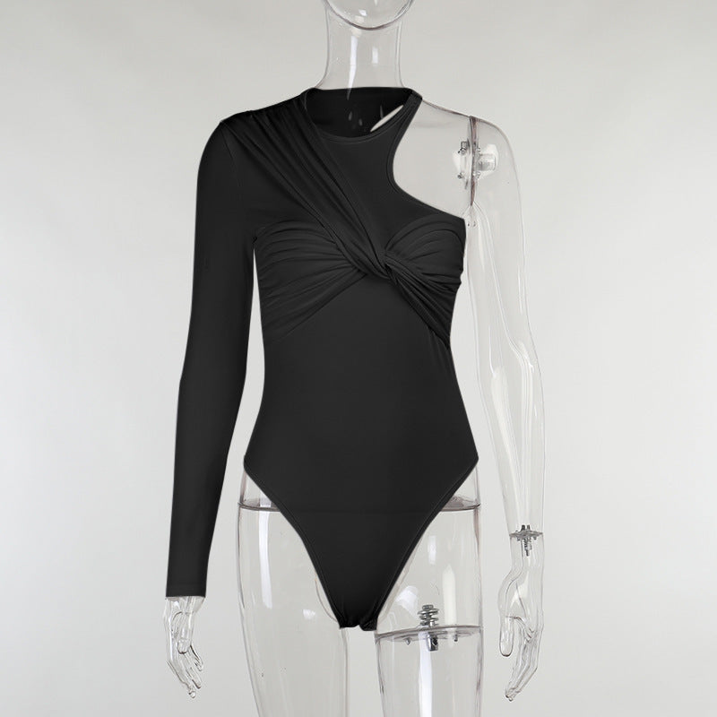Chic women's long-sleeve bodysuit with a flattering drape effect. Ideal for layering or as a stand-alone piece.