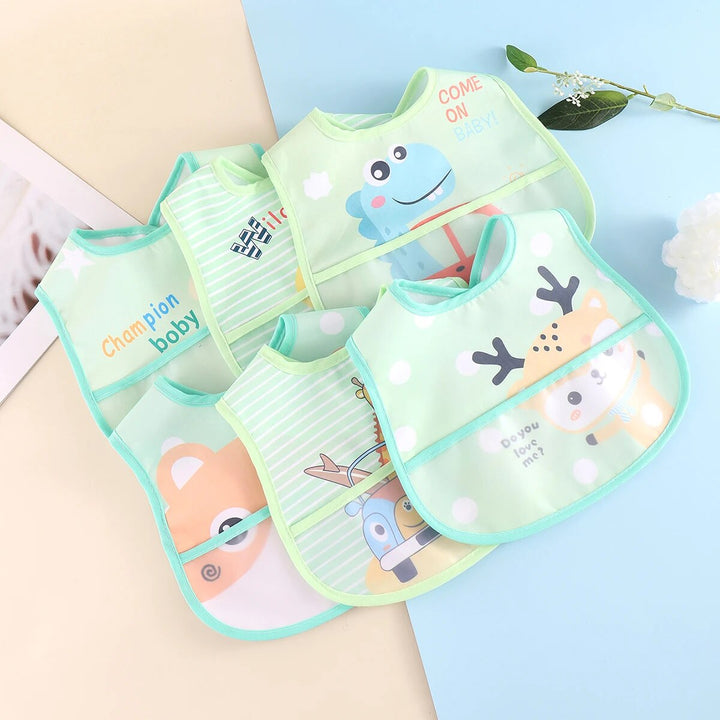 Collection of five unisex baby bibs, waterproof and adjustable, useful for feeding and toddler activities