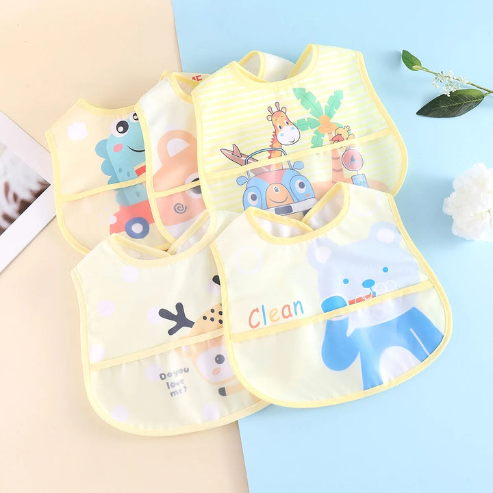 Five pack of durable, waterproof, and adjustable baby bibs, essential for keeping baby clean during meals