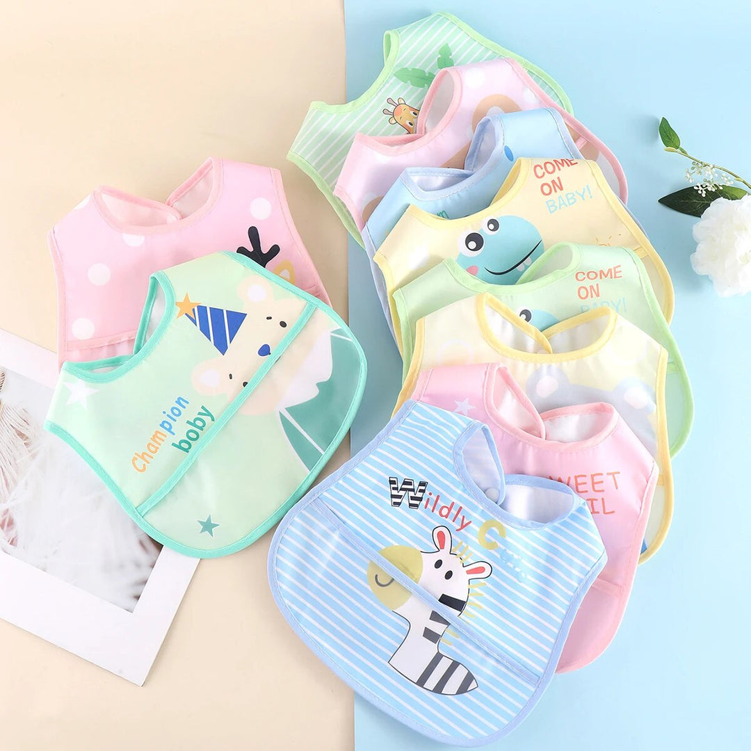 Close-up of the adjustable neckband on a waterproof baby bib, ensuring a snug fit for infants