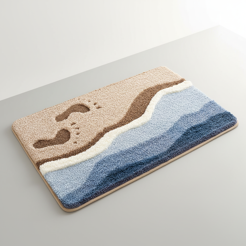 Absorbent FjordFluff soft plush bathroom mat, grey landscape design, perfect for home decor.