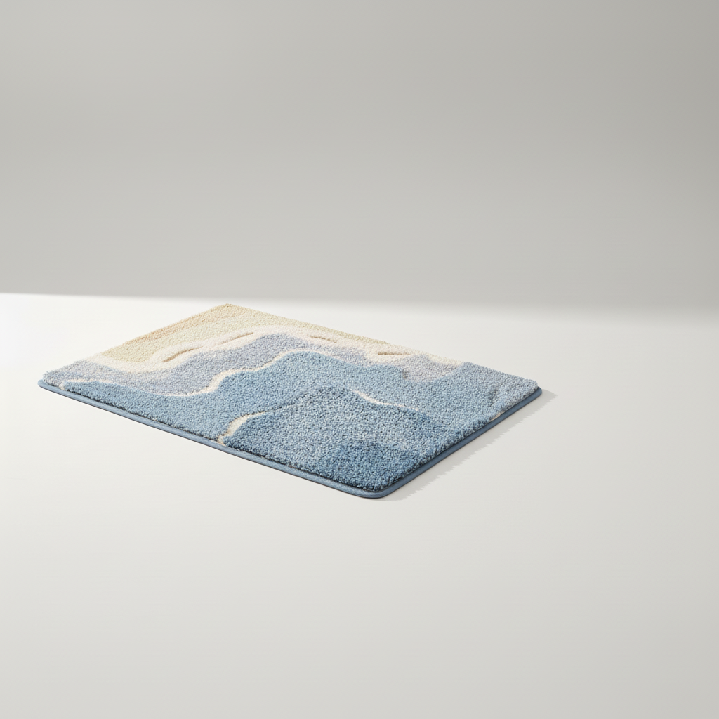 FjordFluff plush floor mat, grey with subtle landscape pattern, enhancing bath decor.