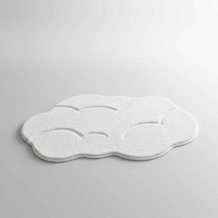 Soft FjordFluff bathroom mat on a tiled floor, providing comfort and style, absorbent.