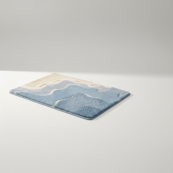 Cozy FjordFluff bath mat, nature-inspired and absorbent, a soft plush rug for your bathroom decor.