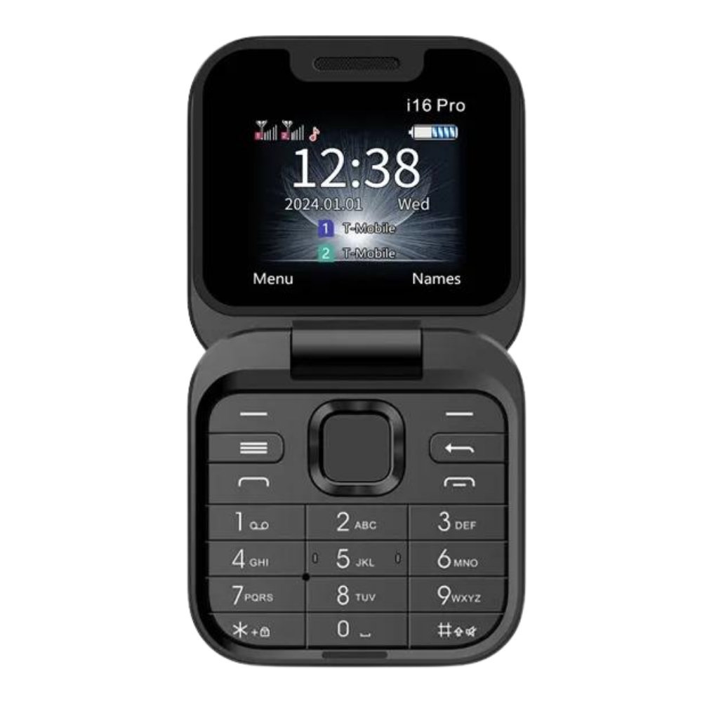 FlexFold compact dual SIM flip phone, black, closed, showing sleek design, travel-friendly
