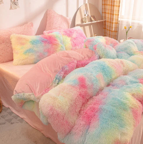 Candy-colored fluffy duvet cover, velvet bedroom bedding, cozy home decor textile.