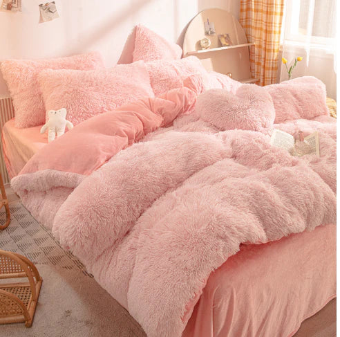 Closeup of soft candy-colored duvet cover texture, luxurious fluffy velvet bedding.