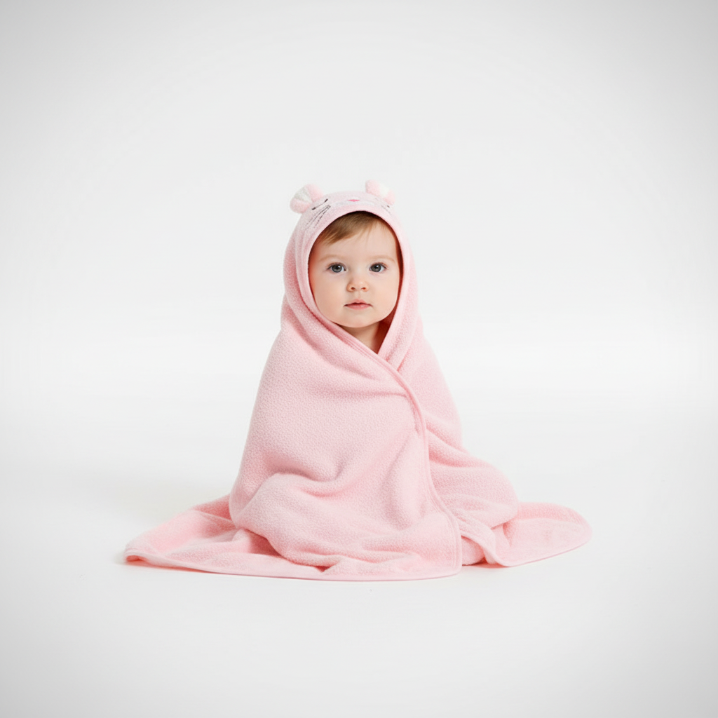 Stack of colorful FluffyTowel hooded baby towels, variety of soft flannel for infant bath time